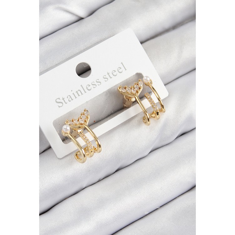 Pirinç Zirkon Taşlı İnci Detaylı Balık Kuyruğu Model Gold Renk Kadın Küpe - TJ-BKP11093