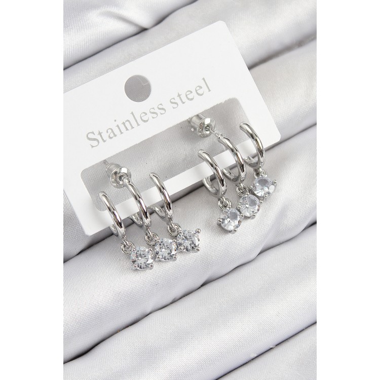 Pirinç Sallantılı Zirkon Taşlı Model Gümüş Renk Kadın Küpe - TJ-BKP11098