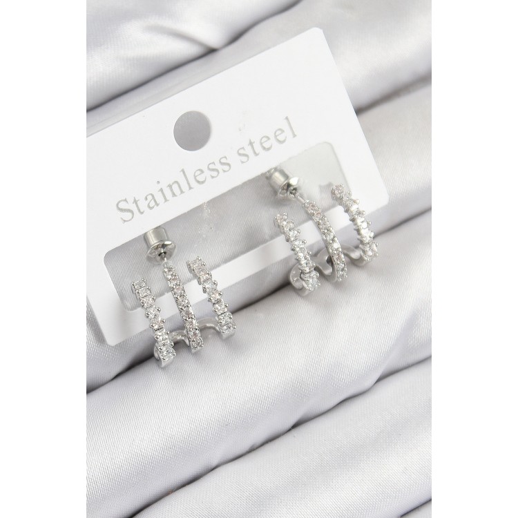 Pirinç Zirkon Taşlı Model Gümüş Renk Kadın Küpe - TJ-BKP11102