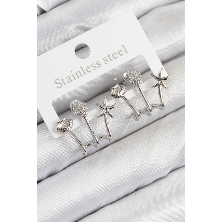 Pirinç Zirkon Taşlı Deniz Yıldızı ve İstiridye Model Gümüş Renk Kadın Küpe - TJ-BKP11104