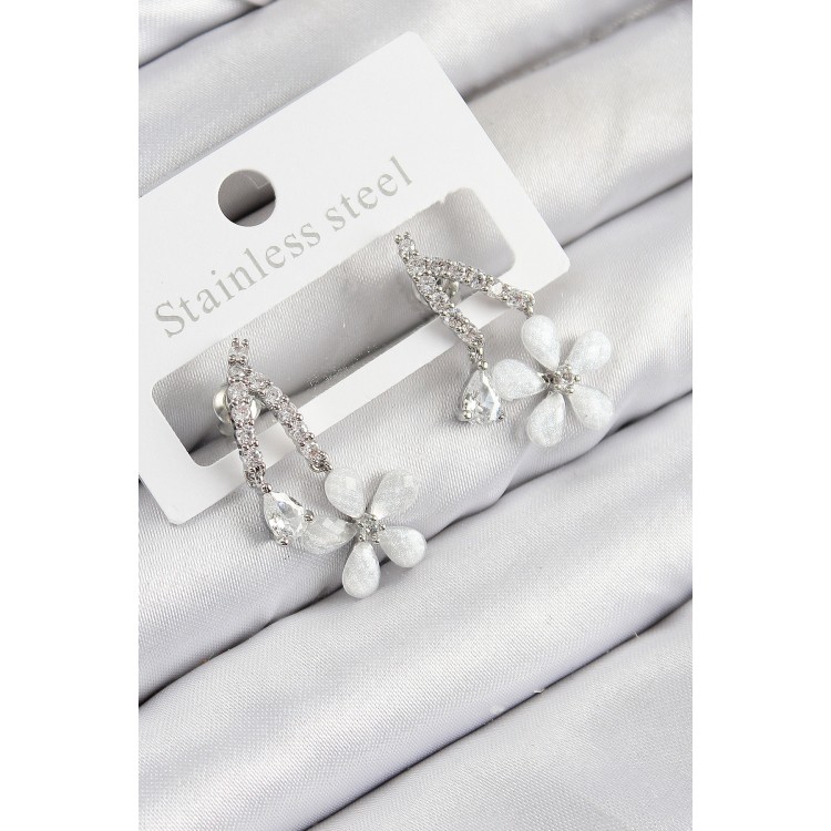 Pirinç Zirkon Taşlı Papatya Model Gümüş Renk Kadın Küpe - TJ-BKP11111