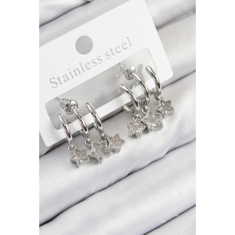 Pirinç Zirkon Taşlı Sallantılı Yıldız Model Gümüş Renk Kadın Küpe - TJ-BKP11116