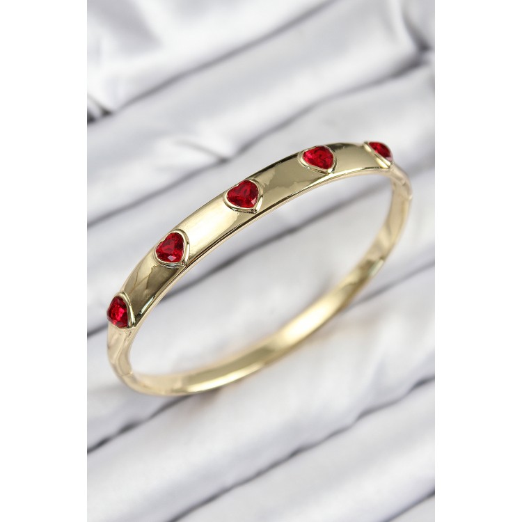 Pirinç Zirkon Taşlı Kırmızı Kalp Model Gold Renk Kadın Kelepçe - TJ-BB7683