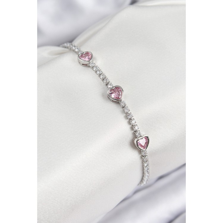 Pirinç Zirkon Taşlı Pembe Kalp Model Gümüş Renk Kadın Bileklik - TJ-BB7686
