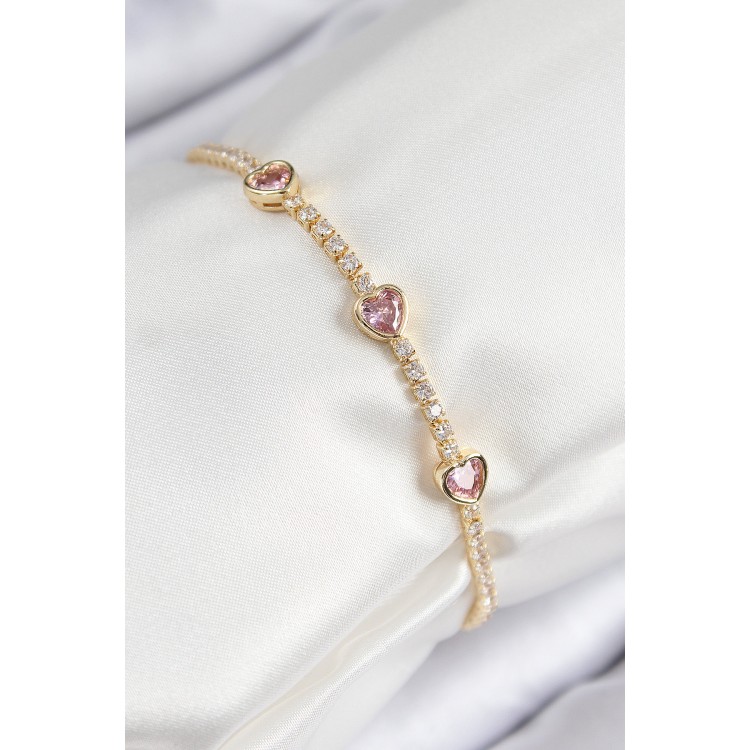 Pirinç Zirkon Taşlı Pembe Kalp Model Gold Renk Kadın Bileklik - TJ-BB7687