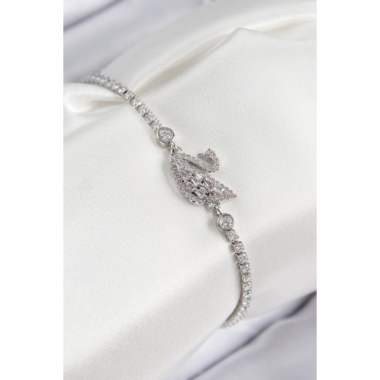 Pirinç Zirkon Taşlı Kuğu Model Gümüş Renk Kadın Bileklik - TJ-BB7690