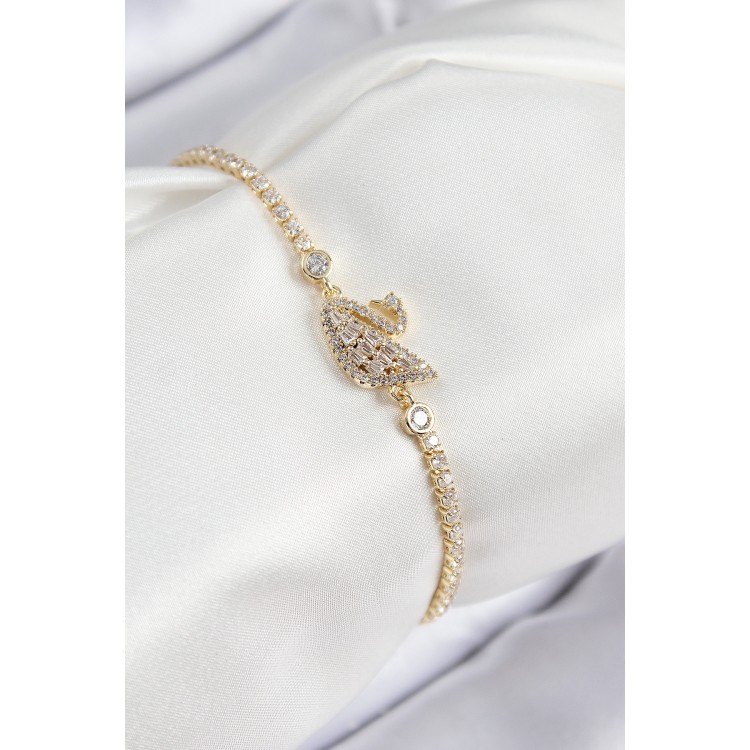 Pirinç Zirkon Taşlı Kuğu Model Gold Renk Kadın Bileklik - TJ-BB7691