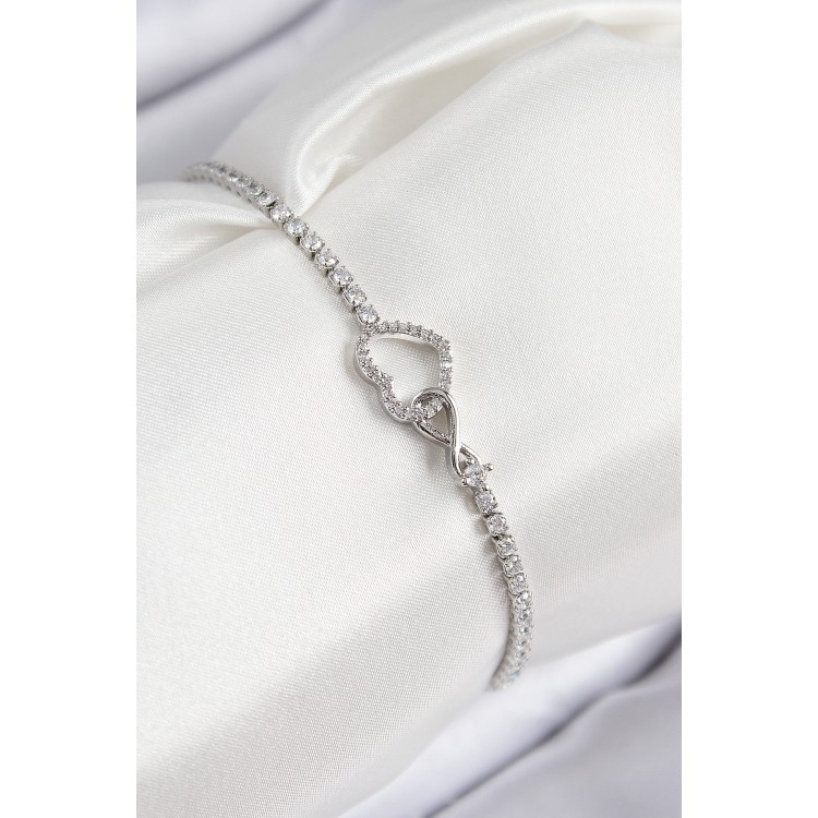 Pirinç Zirkon Taşlı Sonsuzluk Kalp Model Gümüş Renk Kadın Bileklik - TJ-BB7692