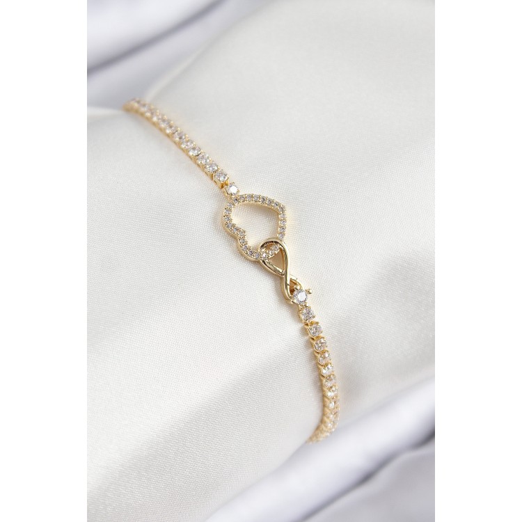 Pirinç Zirkon Taşlı Sonsuzluk Kalp Model Gold Renk Kadın Bileklik - TJ-BB7693