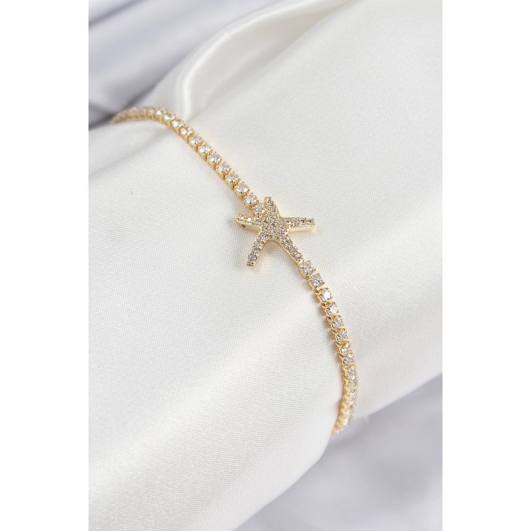 Pirinç Zirkon Taşlı Deniz Yıldızı Model Gold Renk Kadın Bileklik - TJ-BB7695