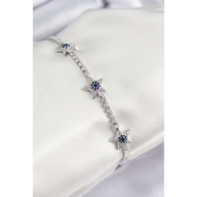 Pirinç Zirkon Taşlı Yıldız Model Gümüş Renk Kadın Bileklik - TJ-BB7700