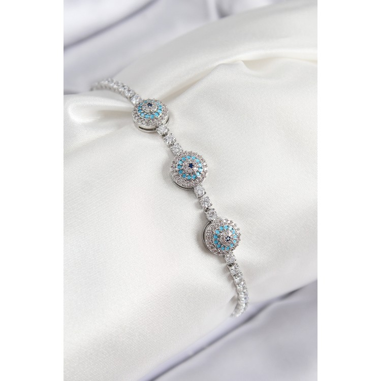 Pirinç Zirkon Taşlı Nazar Model Gümüş Renk Kadın Bileklik - TJ-BB7704