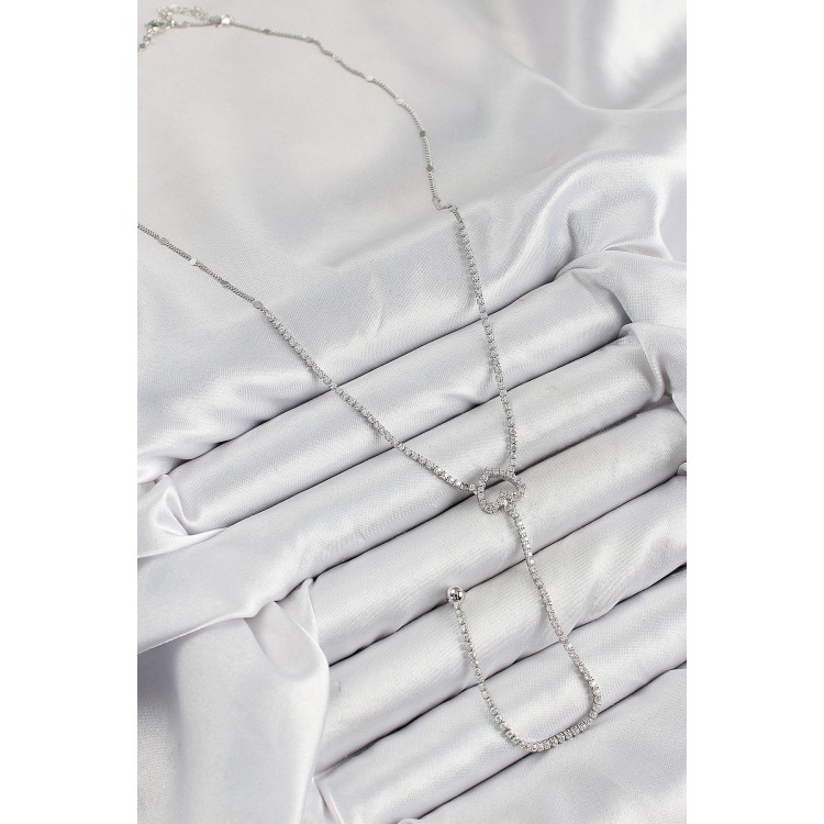 Pirinç Zirkon Taşlı Kalp Model Gümüş Renk  Y Kolye - TJ-BKO10447