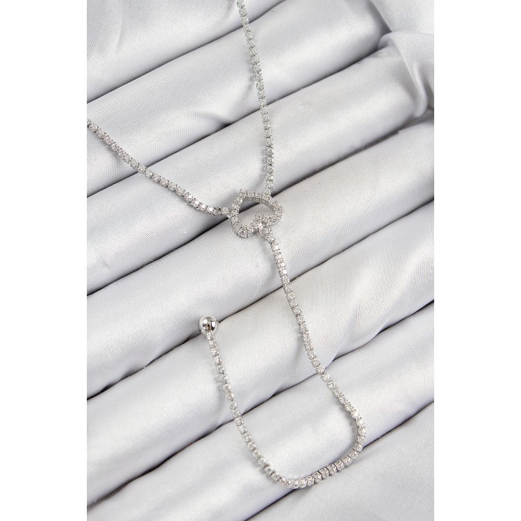 Pirinç Zirkon Taşlı Kalp Model Gümüş Renk  Y Kolye - TJ-BKO10447