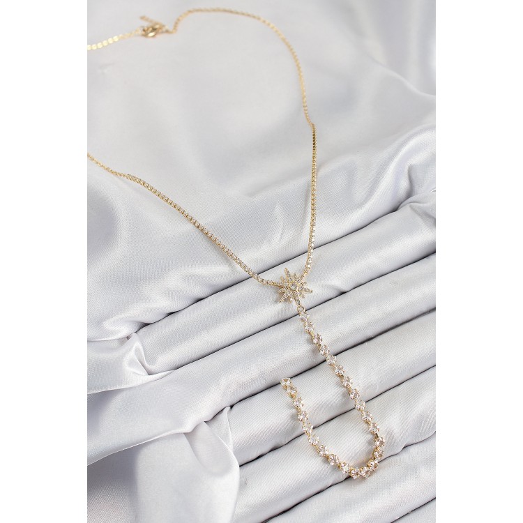 Pirinç Zirkon Taşlı Kutup Yıldızı Model Gümüş Renk Y Kolye - TJ-BKO10448