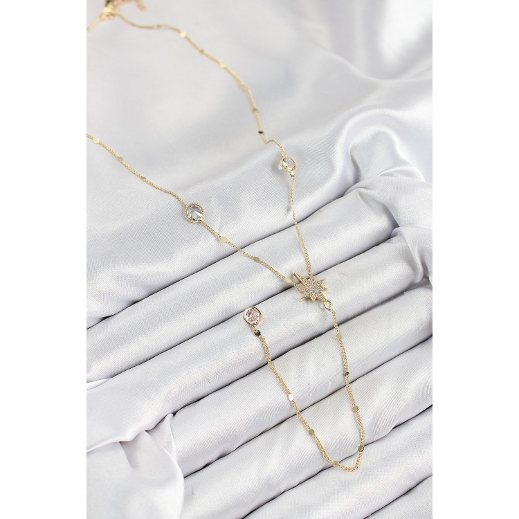 Pirinç Zirkon Taşlı Kutup Yıldızı Model Gold Renk Y Kolye - TJ-BKO10452