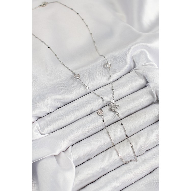 Pirinç Zirkon Taşlı Kutup Yıldızı Model Gümüş Renk Y Kolye - TJ-BKO10453