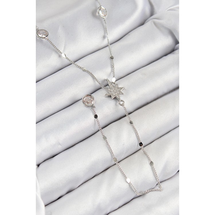 Pirinç Zirkon Taşlı Kutup Yıldızı Model Gümüş Renk Y Kolye - TJ-BKO10453