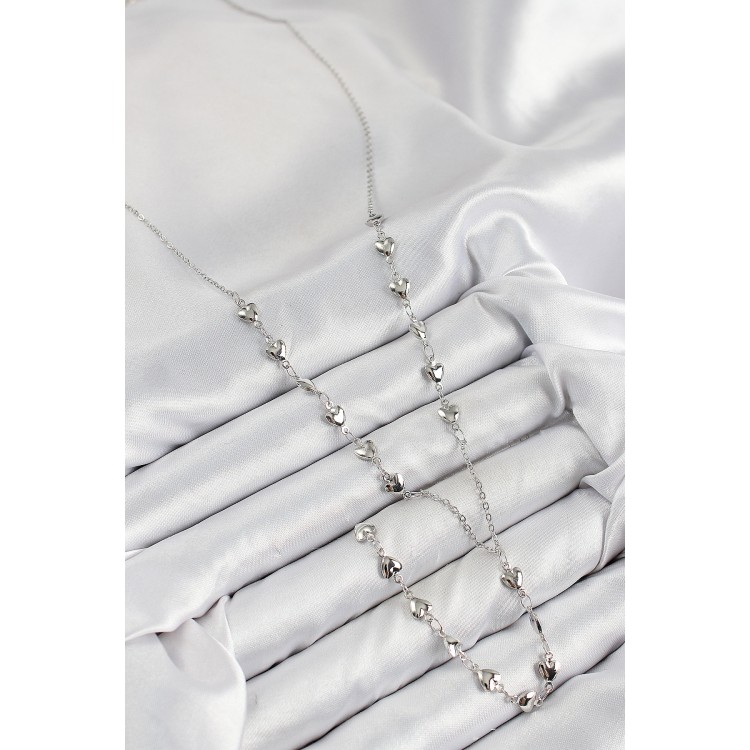 Pirinç Zirkon Taşlı Kalp Model Gümüş Renk Y Kolye - TJ-BKO10456