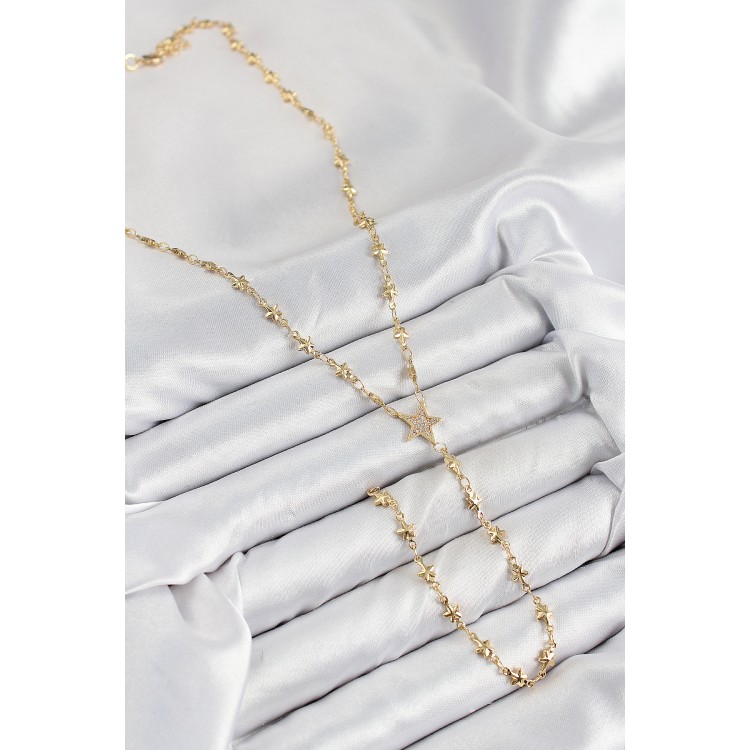 Pirinç Zirkon Taşlı Yıldız Model Gold Renk Y Kolye - TJ-BKO10459