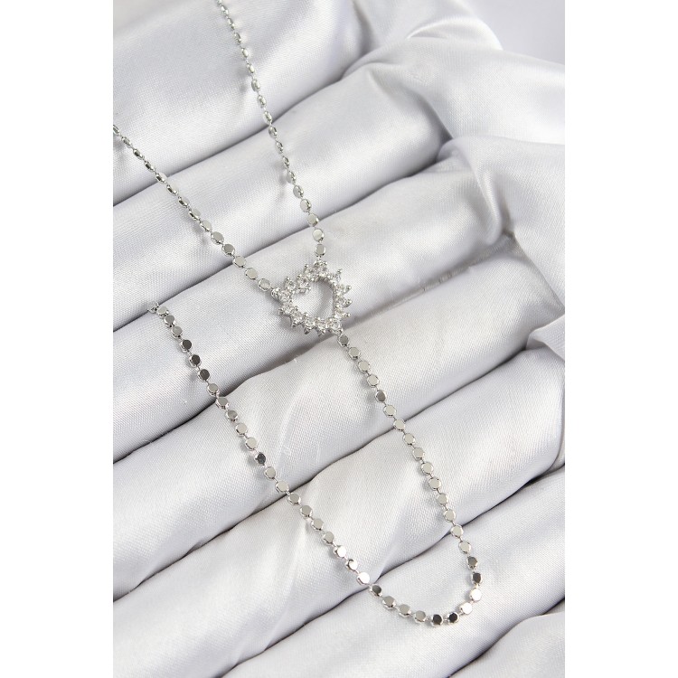 Pirinç Zirkon Taşlı Ezme Zincirli Kalp Model Gümüş Renk Y Kolye - TJ-BKO10460