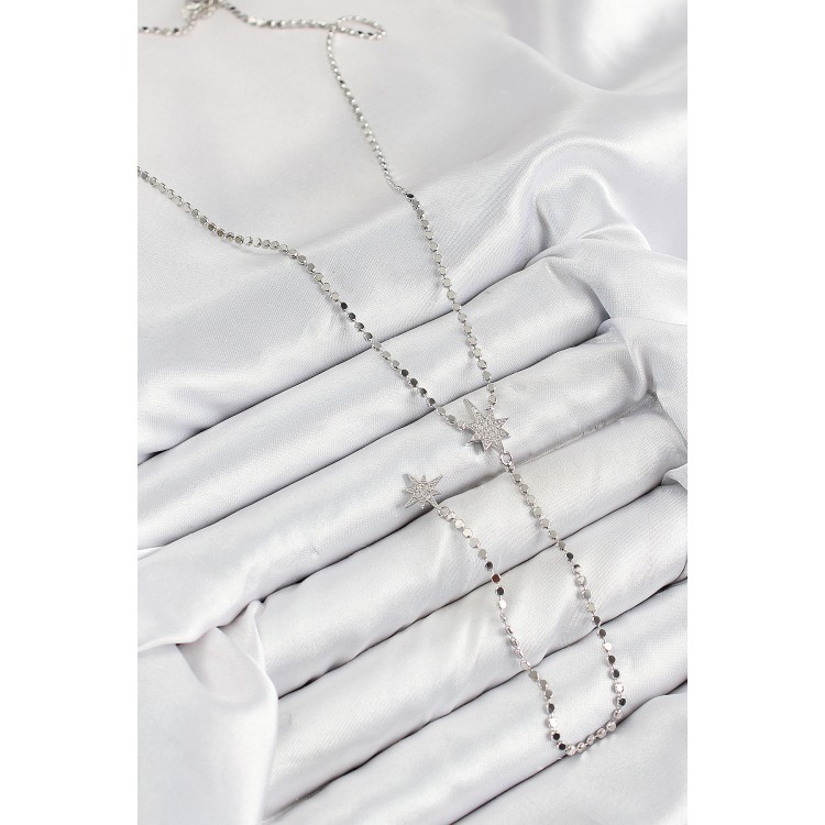 Pirinç Zirkon Taşlı Ezme Zincirli Kutup Yıldızı Model Gümüş Renk Y Kolye - TJ-BKO10462