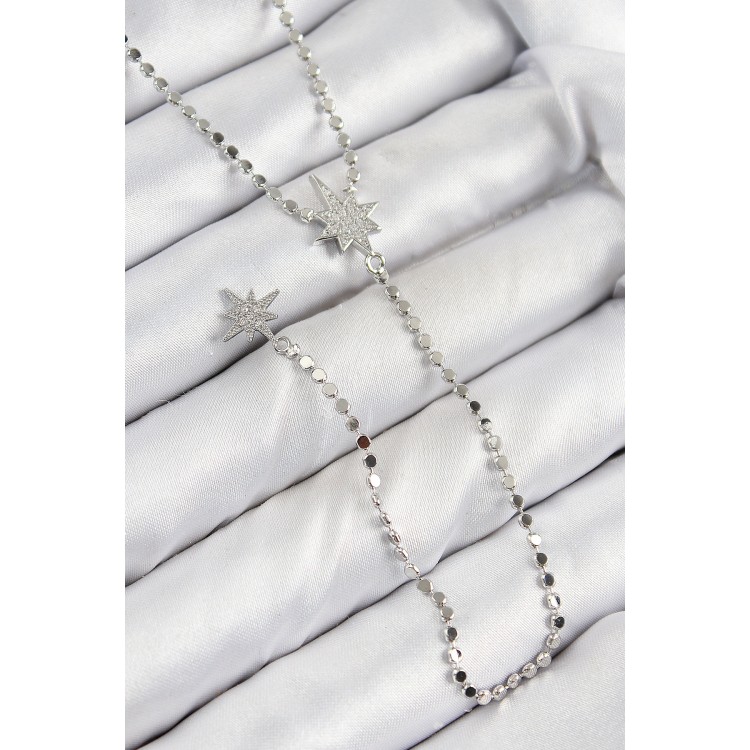 Pirinç Zirkon Taşlı Ezme Zincirli Kutup Yıldızı Model Gümüş Renk Y Kolye - TJ-BKO10462