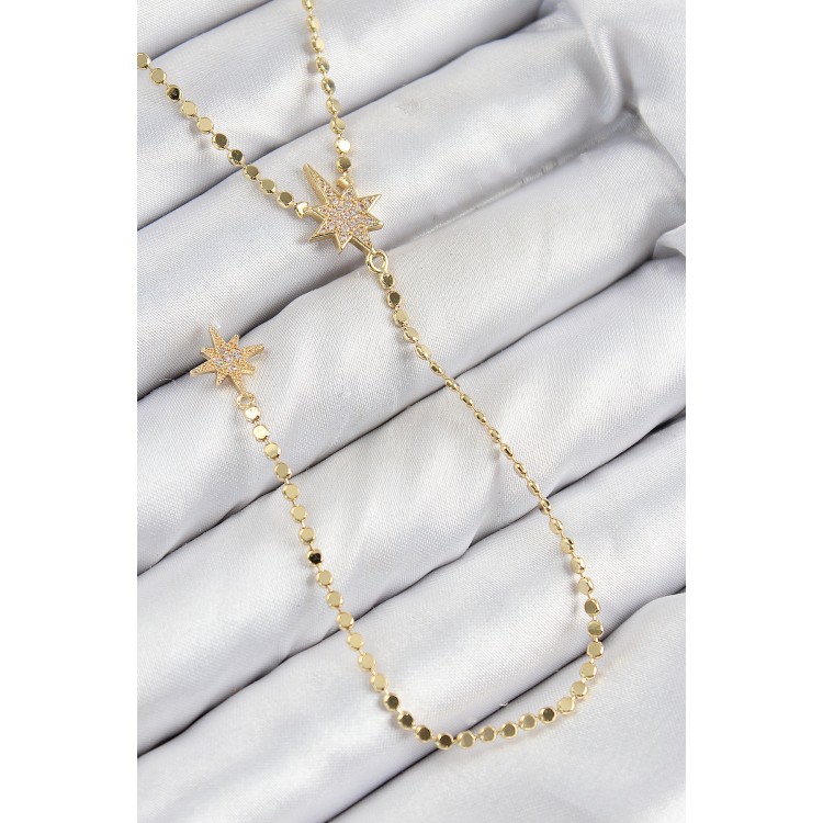 Pirinç Zirkon Taşlı Ezme Zincirli Kutup Yıldızı Model Gold Renk Y Kolye - TJ-BKO10463