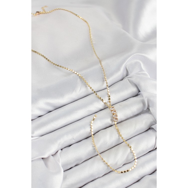 Pirinç Zirkon Taşlı Ezme Zincirli Model Gold Renk Y Kolye - TJ-BKO10465