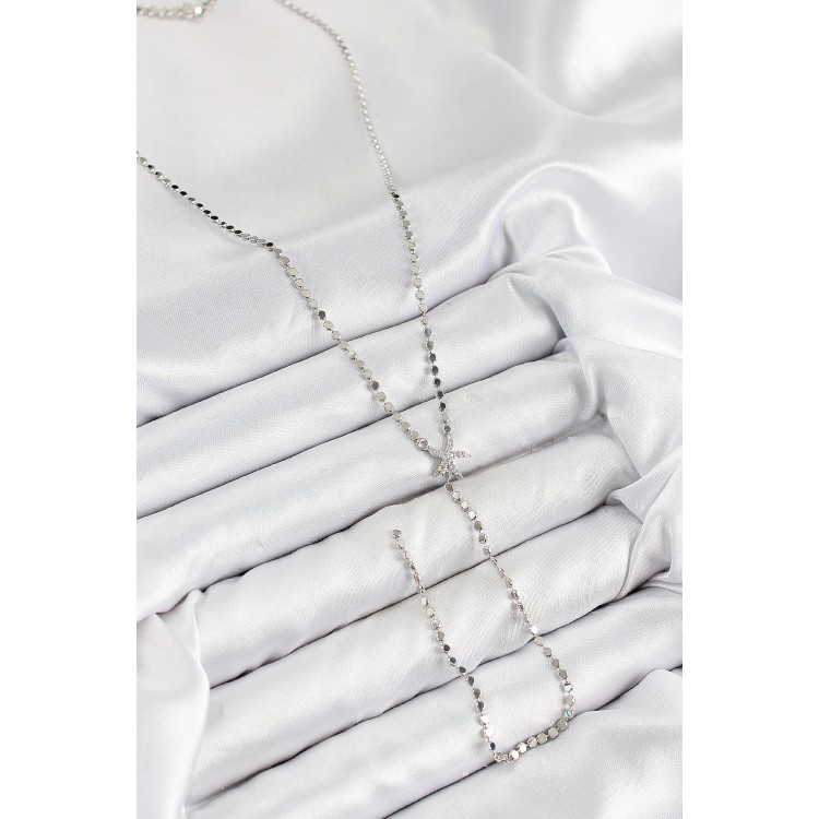 Pirinç Zirkon Taşlı Ezme Zincirli Deniz Yıldızı Model Gümüş Renk Y Kolye - TJ-BKO10466