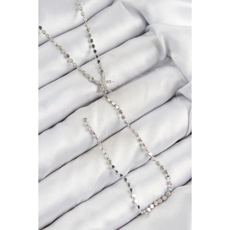 Pirinç Zirkon Taşlı Ezme Zincirli Deniz Yıldızı Model Gümüş Renk Y Kolye - TJ-BKO10466