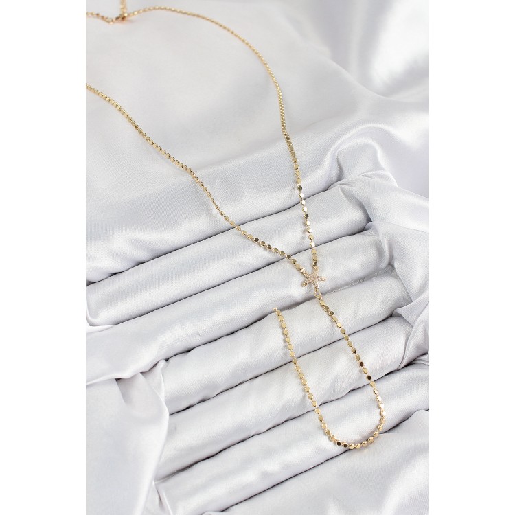 Pirinç Zirkon Taşlı Ezme Zincirli Deniz Yıldızı Model Gold Renk Y Kolye - TJ-BKO10467