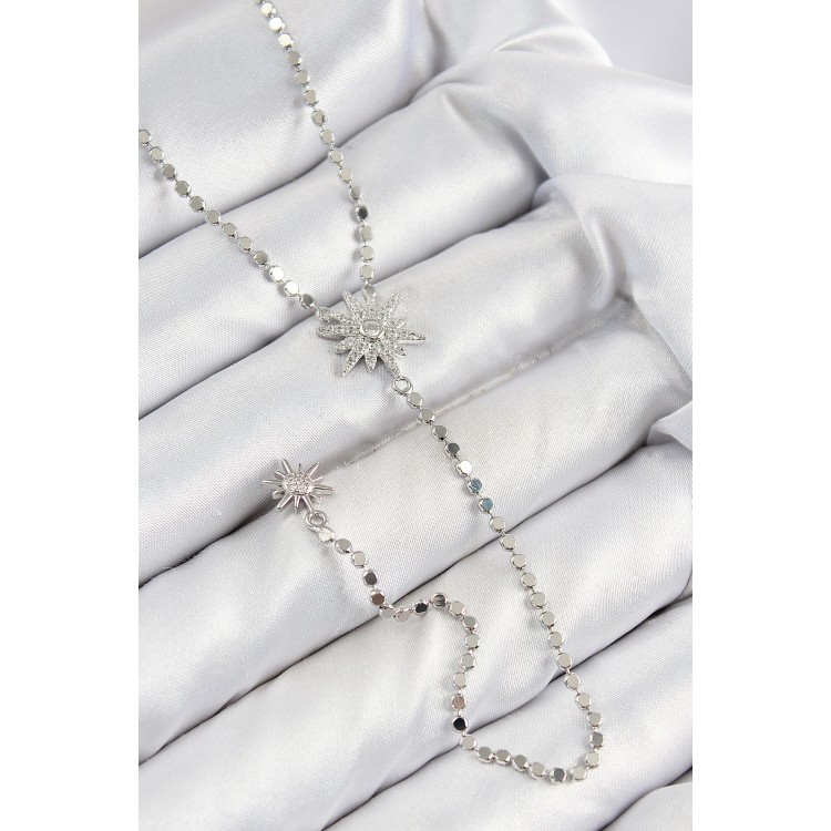 Pirinç Zirkon Taşlı Ezme Zincirli Kutup Yıldızı Model Gümüş Renk Y Kolye - TJ-BKO10468