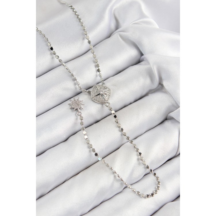 Brass Zircon Stone Crush Chain Medallion Model Silver Color Y Necklace - TJ-BKO10470