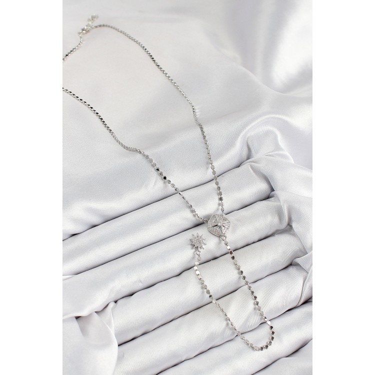 Brass Zircon Stone Crush Chain Medallion Model Silver Color Y Necklace - TJ-BKO10470