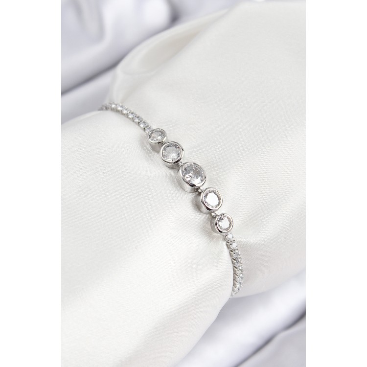 Rice-Shaped Zircon Stone Row Circle Design Silver-Colored Elevator-Style Women's Bracelet - TJ-BB7718