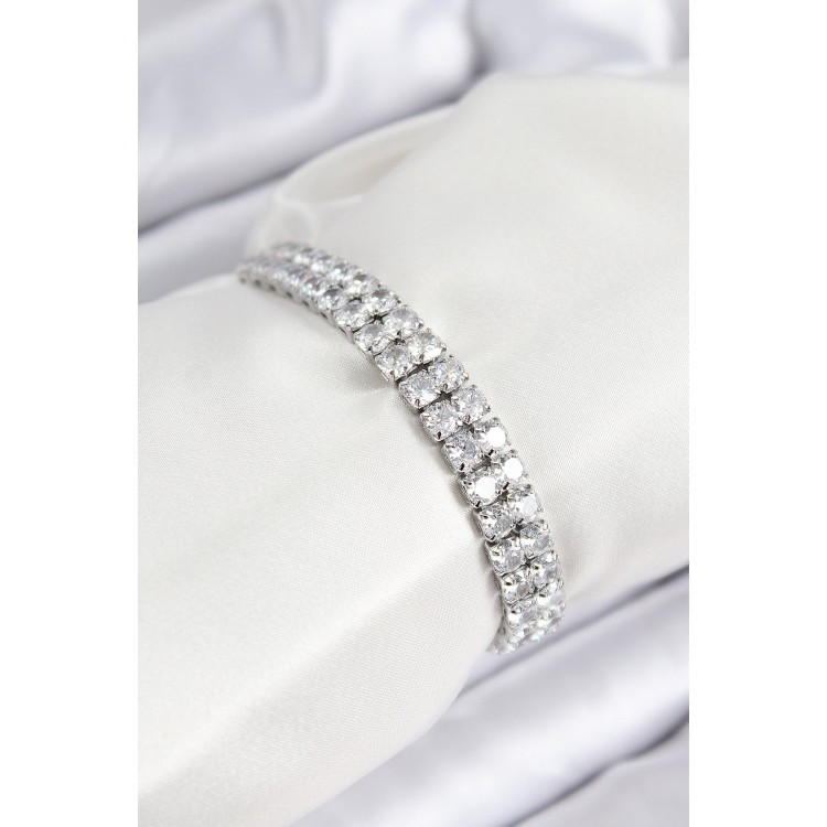 Double-Row Square Design Silver-Colored Zircon Stone Bracelet with Elevator for Women - TJ-BB7730