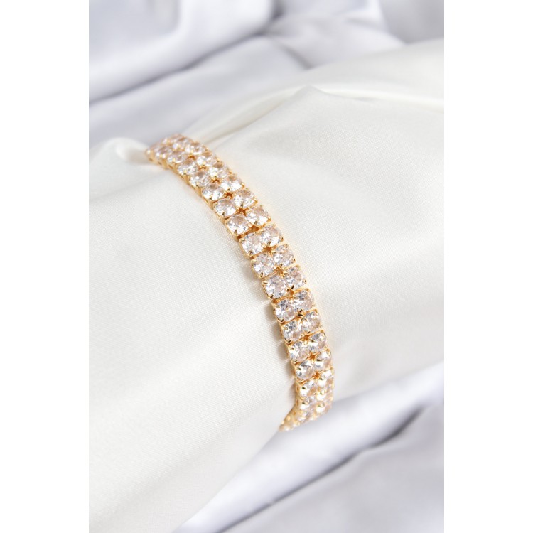 Double-Row Square Design Gold-Colored Zircon Stone Women's Bracelet with Clasp - TJ-BB7731