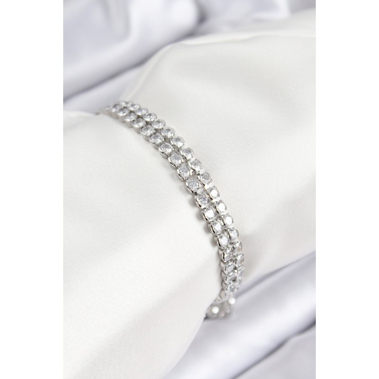Double-Row Zircon Stone Rice-Shaped Silver-Colored Elevator Bracelet for Women - TJ-BB7738