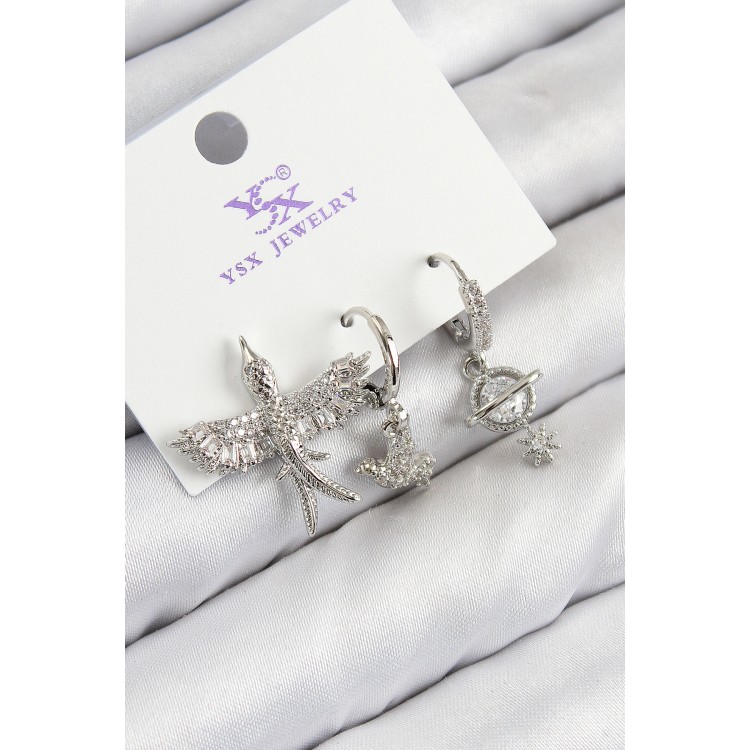 3-Piece Bird Model Silver-Colored Women's Earrings with Zircon Stones - TJ-BKP11124 3-Piece Bird Model Silver-Colored Women's Earrings with Zircon Stones - TJ-BKP11124