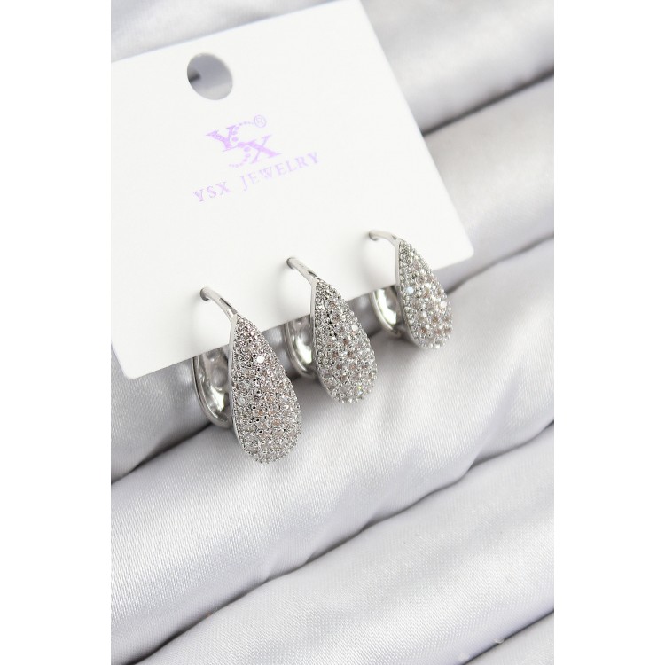 3-Piece Drop Model Silver-Colored Women's Earrings with Zircon Stones - TJ-BKP11125 3-Piece Drop Model Silver-Colored Women's Earrings with Zircon Stones - TJ-BKP11125
