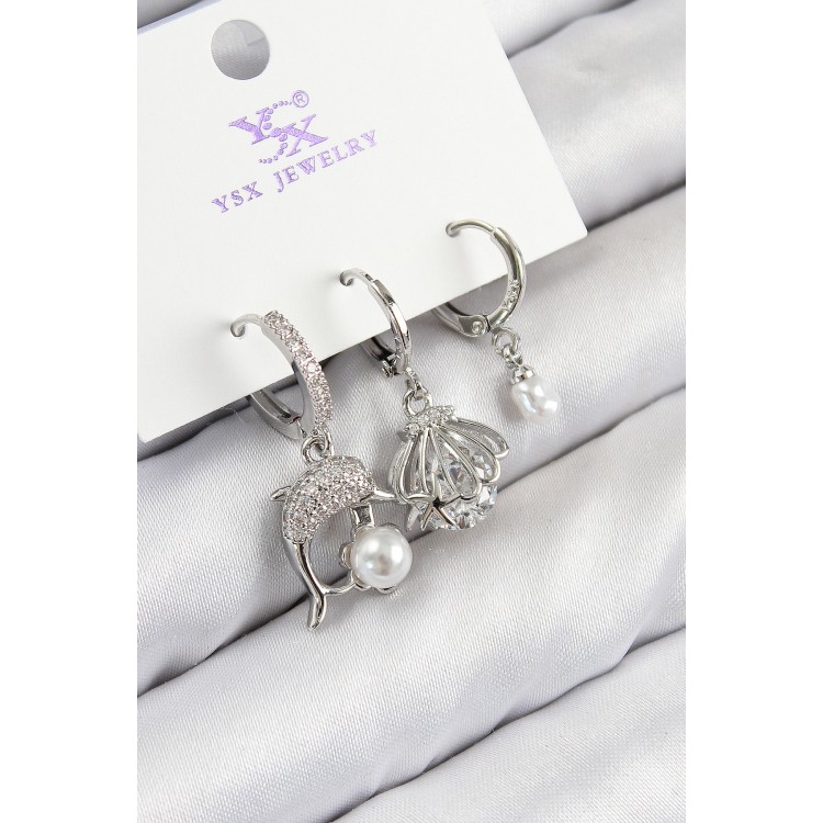 Rice Zircon Stone 3-Piece Dolphin and Oyster Design Silver-Colored Women's Earrings - TJ-BKP11127 Rice Zircon Stone 3-Piece Dolphin and Oyster Design Silver-Colored Women's Earrings - TJ-BKP11127