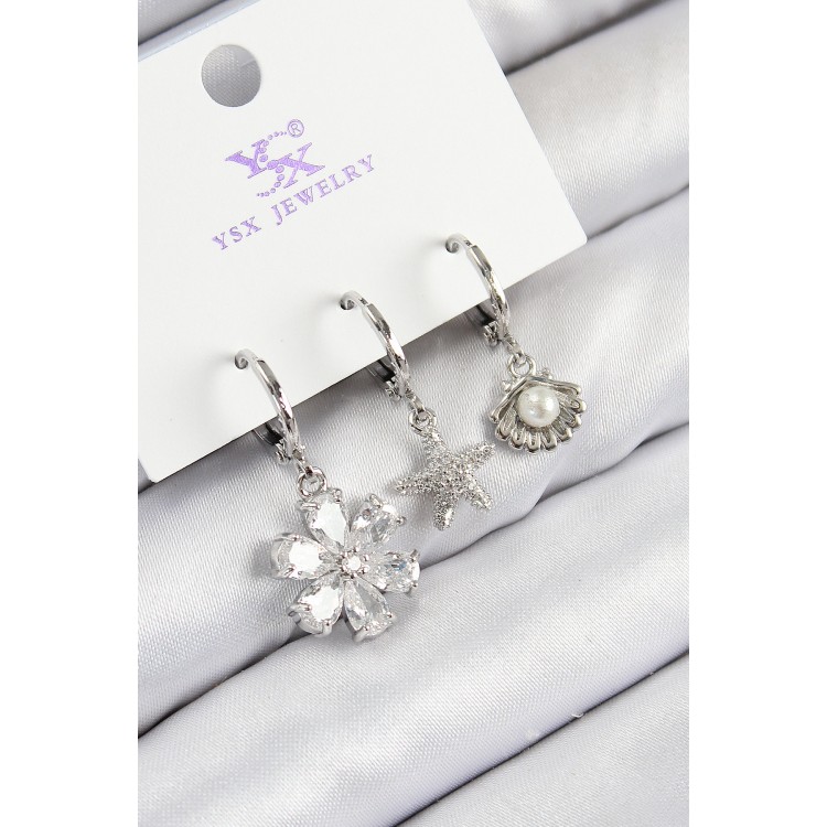 Rice Zircon Stone 3-Piece Flower and Oyster Design Silver-Colored Women's Earrings - TJ-BKP11129 Rice Zircon Stone 3-Piece Flower and Oyster Design Silver-Colored Women's Earrings - TJ-BKP11129