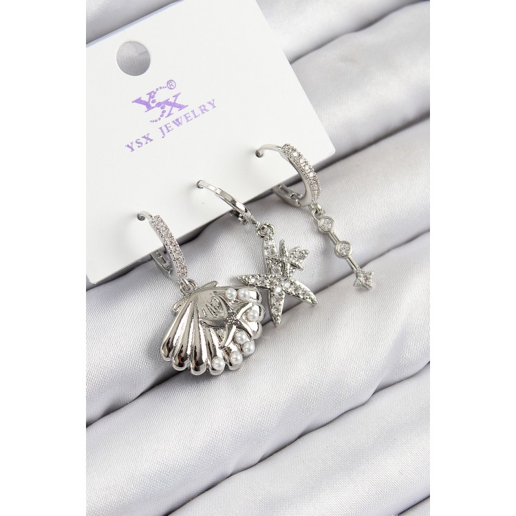 3-Piece Star and Oyster Design Silver-Colored Women's Earrings with Zircon Stones - TJ-BKP11131