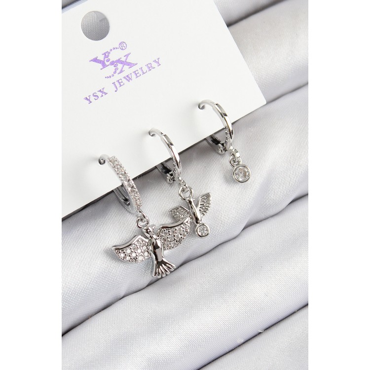 3-Piece Bird Design Silver-Colored Women's Earrings with Zircon Stones - TJ-BKP11132 3-Piece Bird Design Silver-Colored Women's Earrings with Zircon Stones - TJ-BKP11132