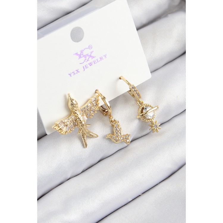 Gold-Colored Women's Earrings with 3 Bird Designs and Zircon Stones - TJ-BKP11133