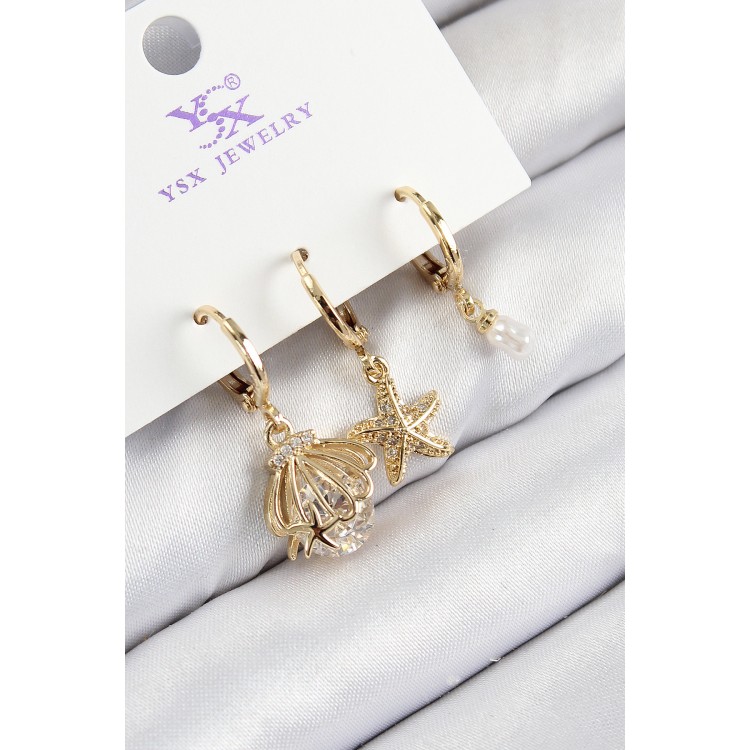 Gold-Colored Women's Earrings with Zircon Stones, 3-Piece Oyster and Star Design - TJ-BKP11136