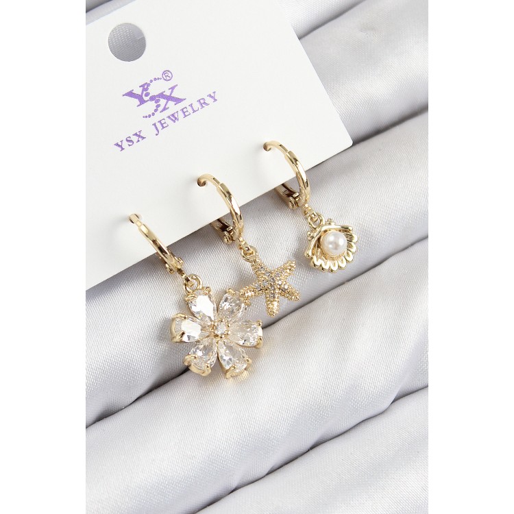 Gold-Colored Women's Earrings with Zircon Stones, 3-Piece Oyster and Flower Design - TJ-BKP11137