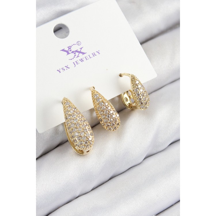 Gold-Colored Women's Earrings with 3 Drops of Zircon Stones - TJ-BKP11138