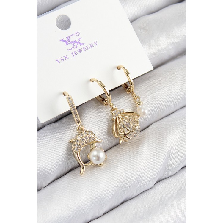 Gold-Colored Women's Earrings with Zircon Stones, Dolphin and Oyster Design, Set of 3 - TJ-BKP11139